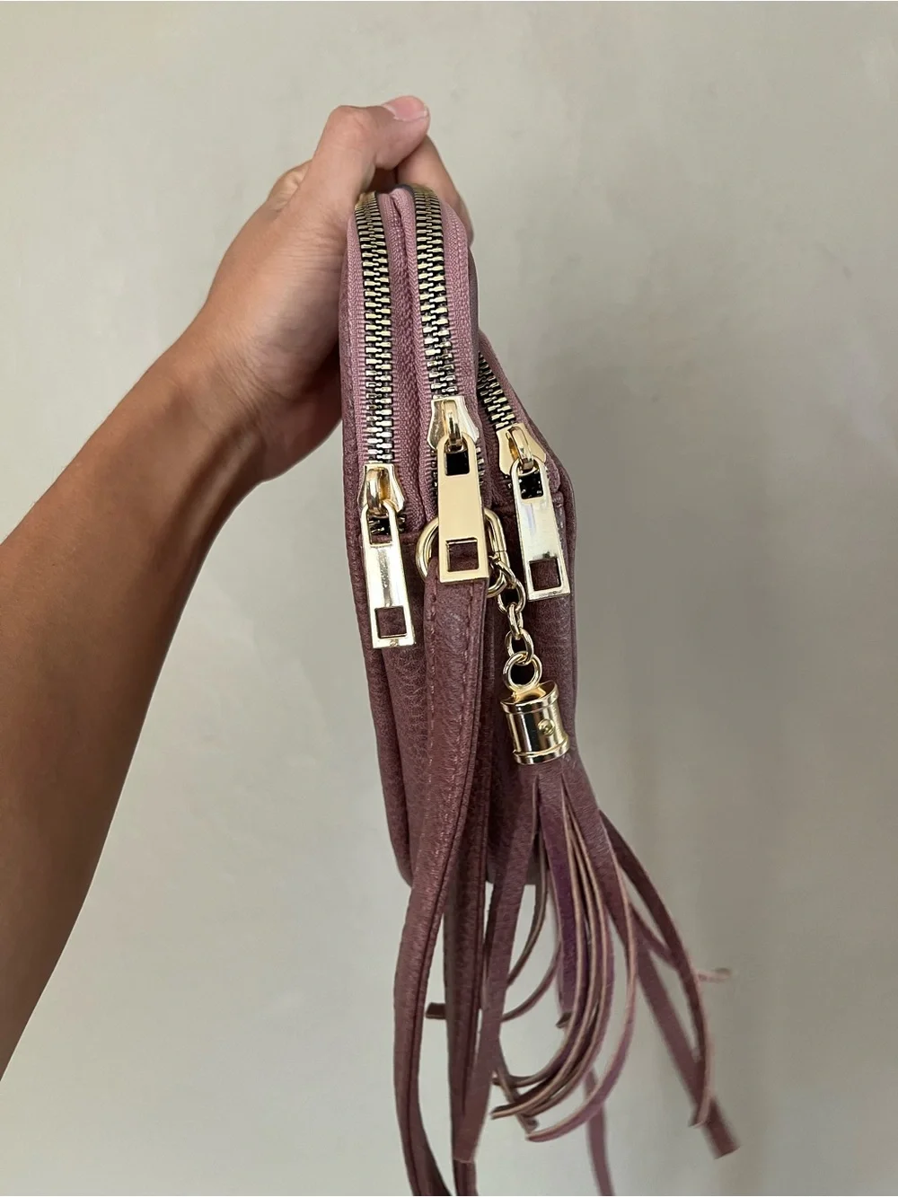 Mini Crossbody Bag in Mauve Pink - Compact Tassel Shoulder Purse